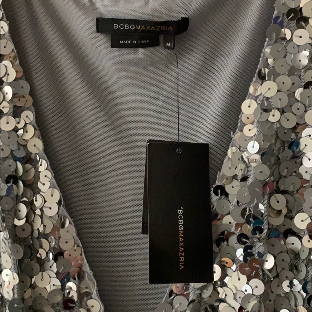 NEW WITHOUT TAGS BCBG Silver sequin dress silk beaded M. holiday new years - Picture 4 of 5